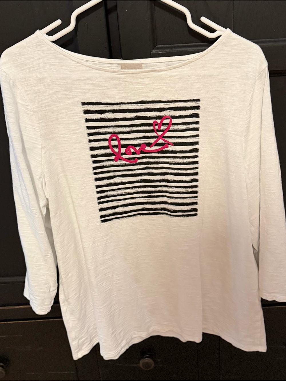 White Women's Long Sleeve Top with Black Stripe Square and Pink 'Love' Accent